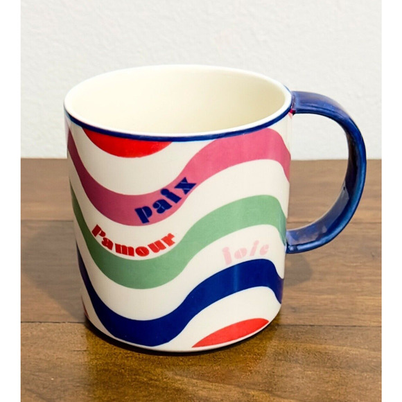 NWT: Maeve by Anthropologie - Paix, L'amour, Joie, Striped Ceramic Coffee Mug - Picture 1 of 5